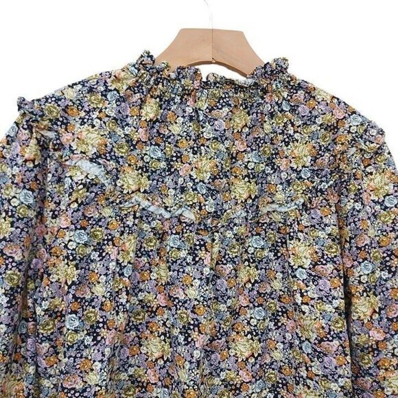 Universal Thread Blouse Womens XS Beige 3/4 Balloon Sleeve Shirred Neck Floral - Picture 2 of 10